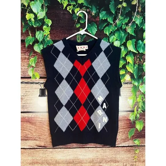 $675 Marni Sweater Vest Mens IT 42 US XS Argyle Plaid Virgin Wool Sleeveless - Picture 1 of 5